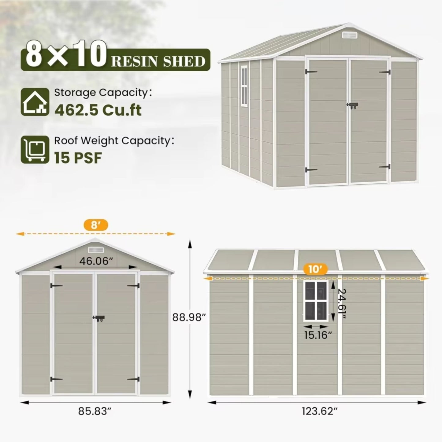 8 x 10 FT Resin Storage Shed with Floor, Tool Shed Outdoor Storage with Window, Vents, and Stainless Steel Cores, for Lawnmowers/Bicycles/Pool Supplies, Grey