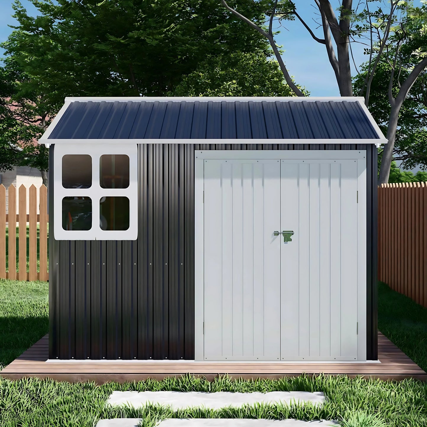 10 x 8 FT Storage Shed, Tool Shed Outdoor Storage with Window, Vents, and Stainless Steel Cores, for Lawnmowers/Bicycles/Pool Supplies, Grey (Metal)