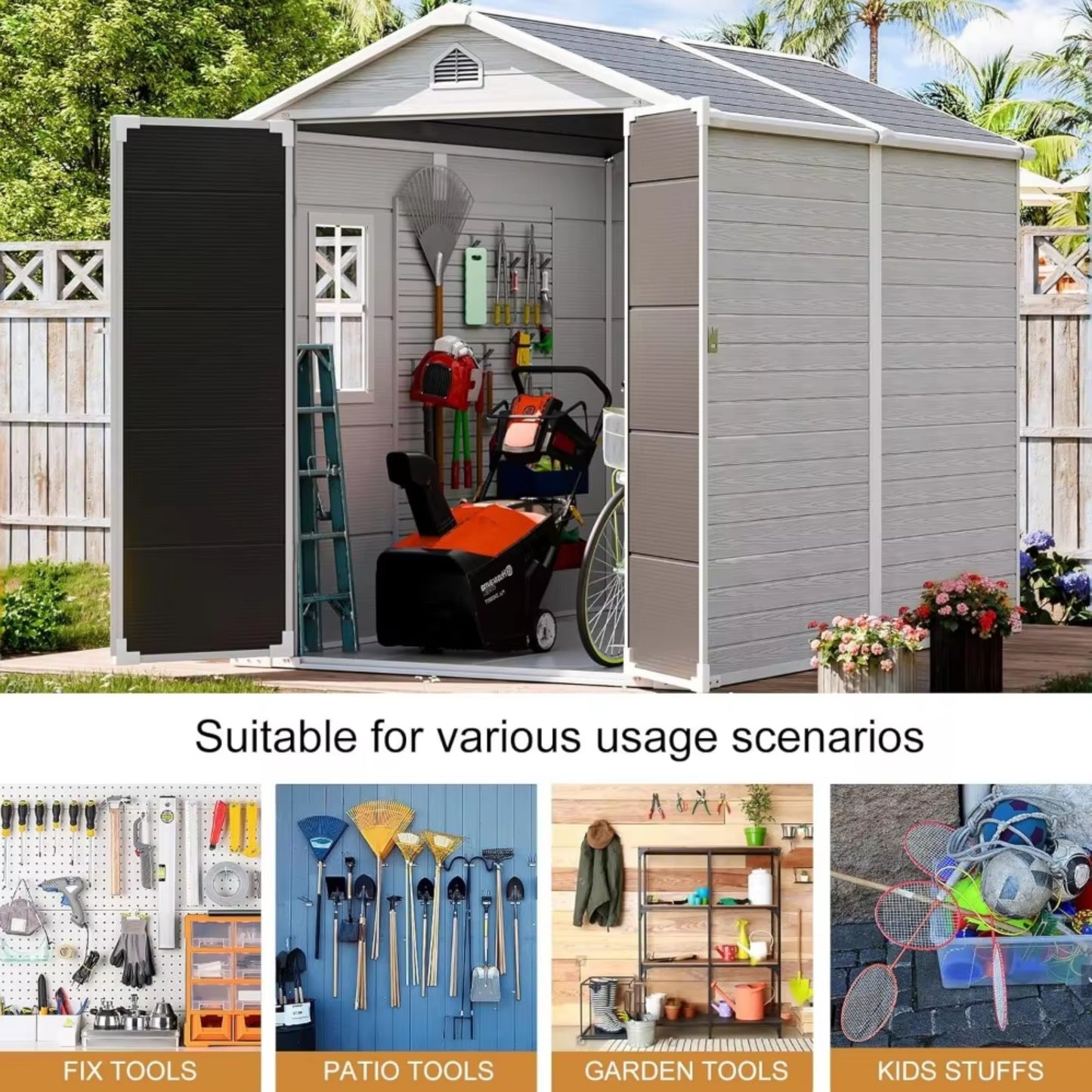 Outdoor Resin Storage Shed with Floor, 8x6 FT Plastic Sheds Kit with Window Lockable Door Included, Large Waterproof Outside Storage Shelter for Backyard Garden Patio Lawn Tools, Grey