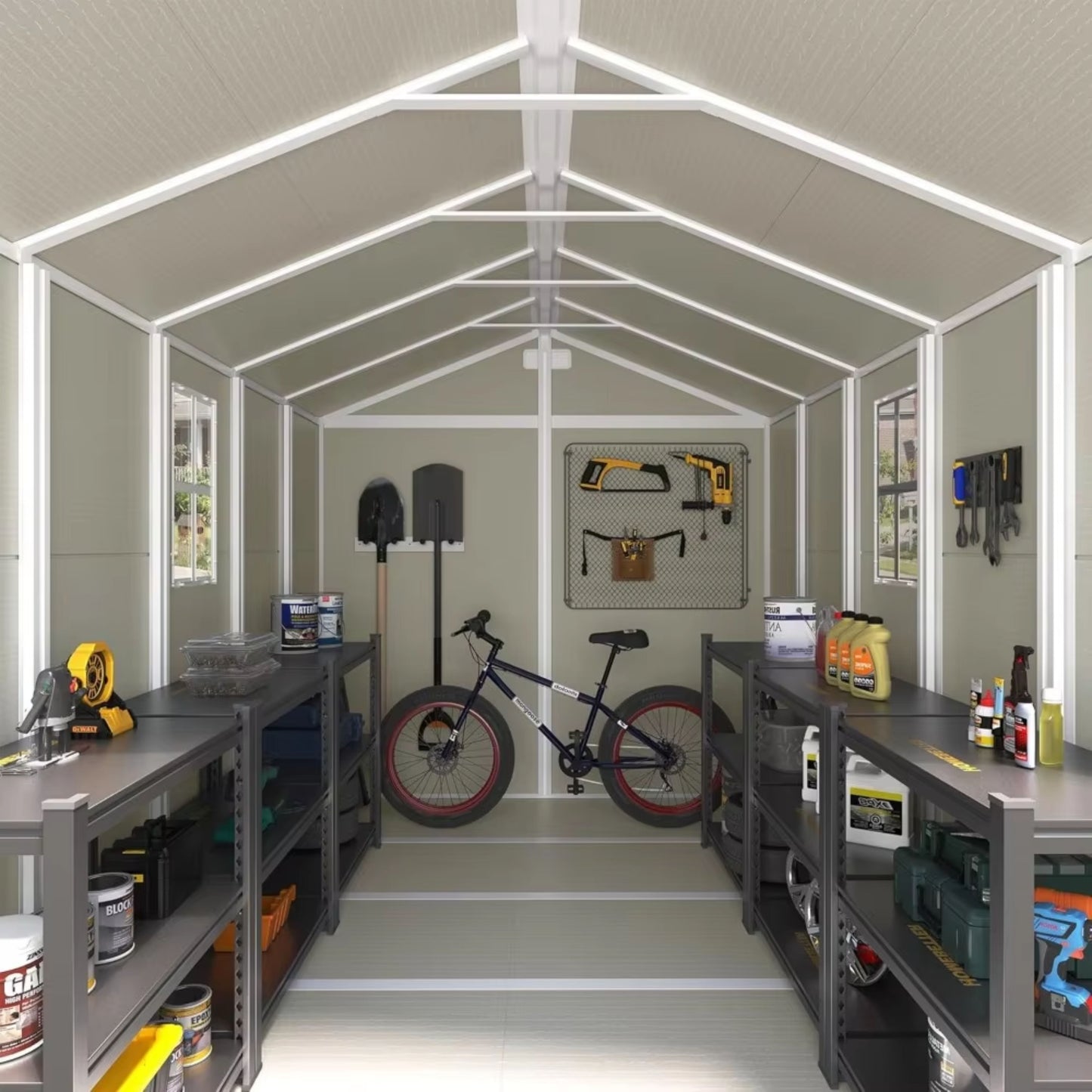 8 x 10 FT Resin Storage Shed with Floor, Tool Shed Outdoor Storage with Window, Vents, and Stainless Steel Cores, for Lawnmowers/Bicycles/Pool Supplies, Grey