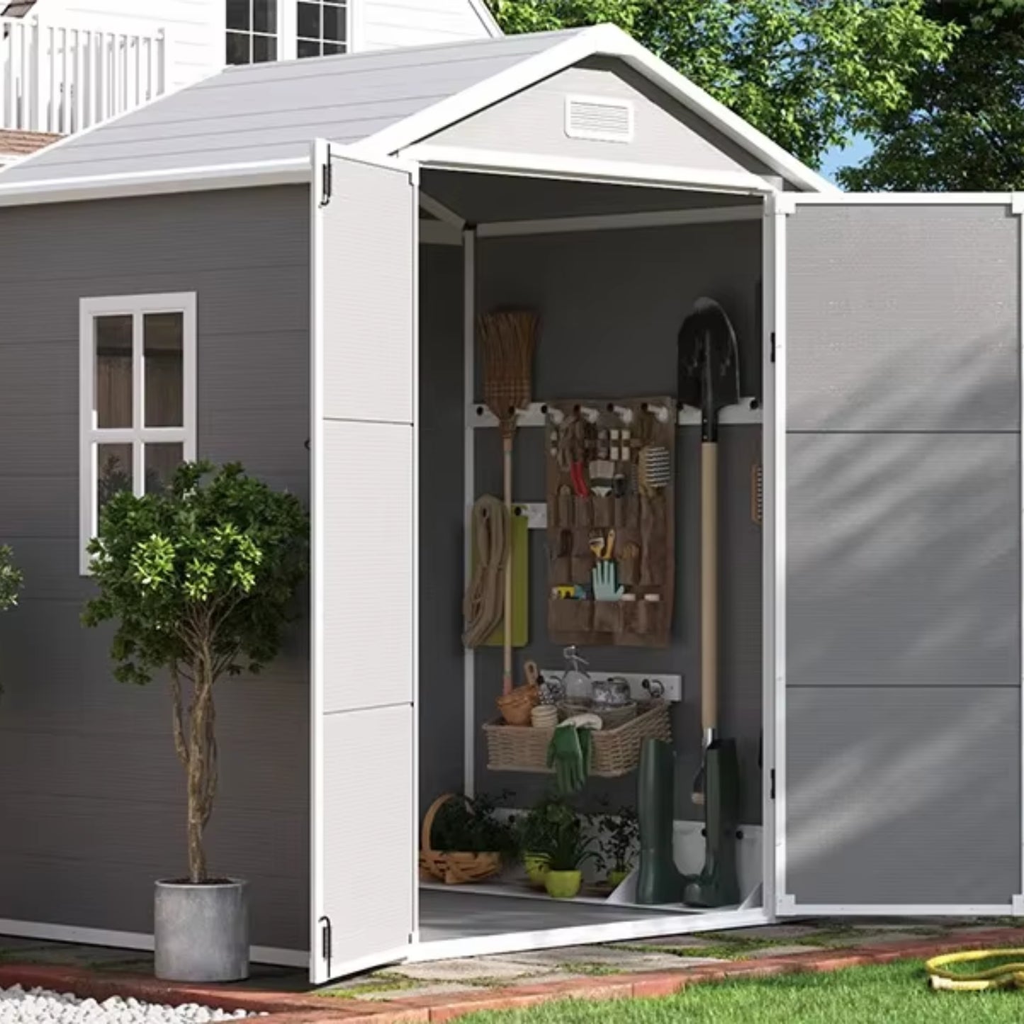 6x4 FT Plastic Outdoor Storage Shed, Resin Garden Tool Sheds & Outdoor Storage House with Single Lockable Door, Resin Shed for Patio Furniture, Backyard Garden Patio Lawn, Grey