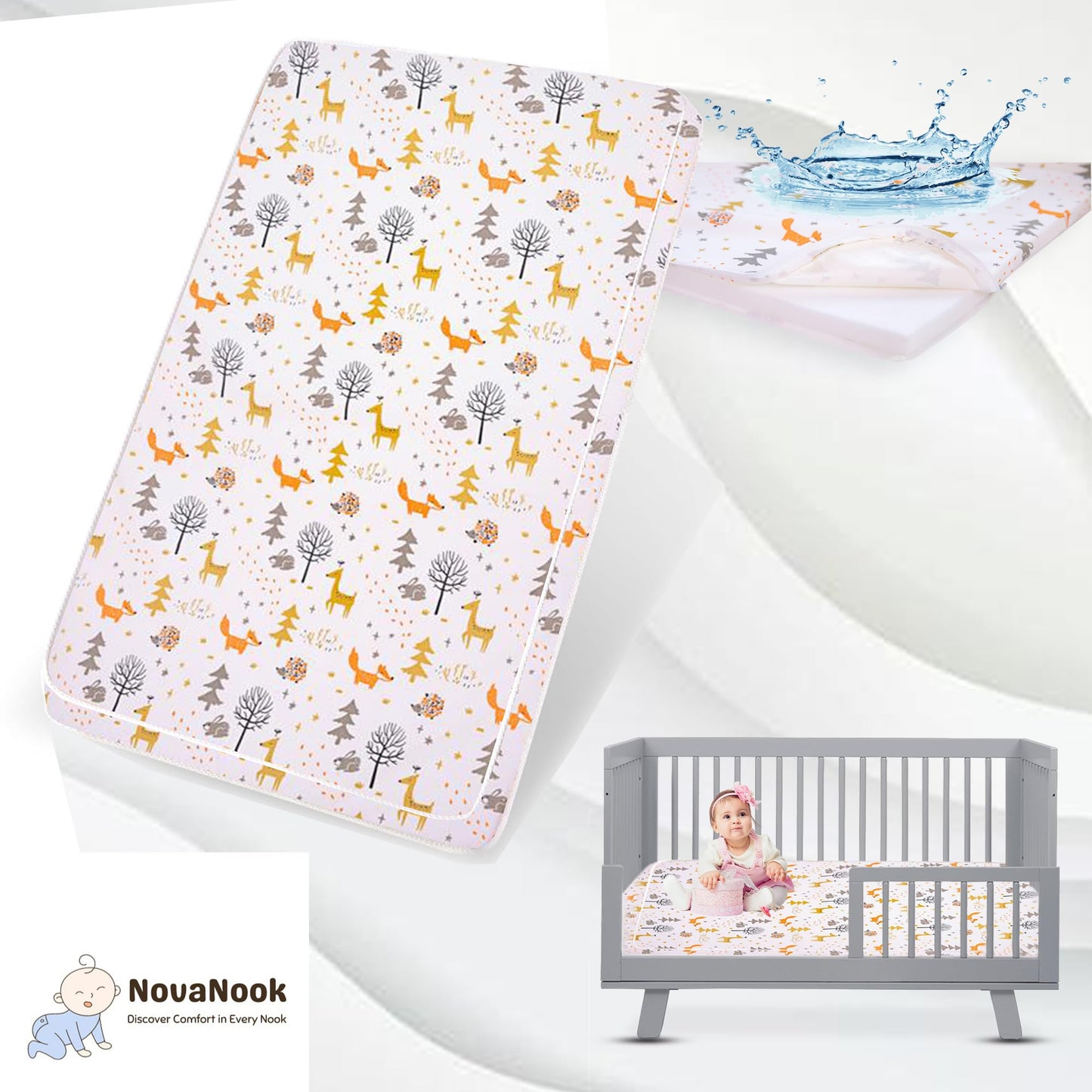 Nova Nook Pack and Play Mattress Pad with plush Toy| 38"x26"x1.5" Full Size Crib Bed Topper with Carry Bag & Hypoallergenic Cover