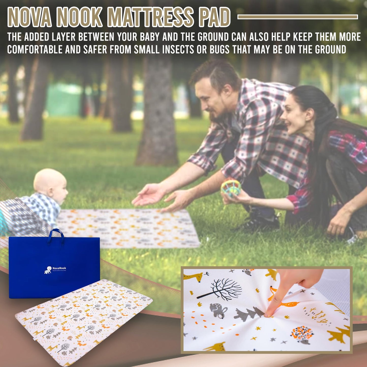 Nova Nook Pack and Play Mattress Pad with plush Toy| 38"x26"x1.5" Full Size Crib Bed Topper with Carry Bag & Hypoallergenic Cover