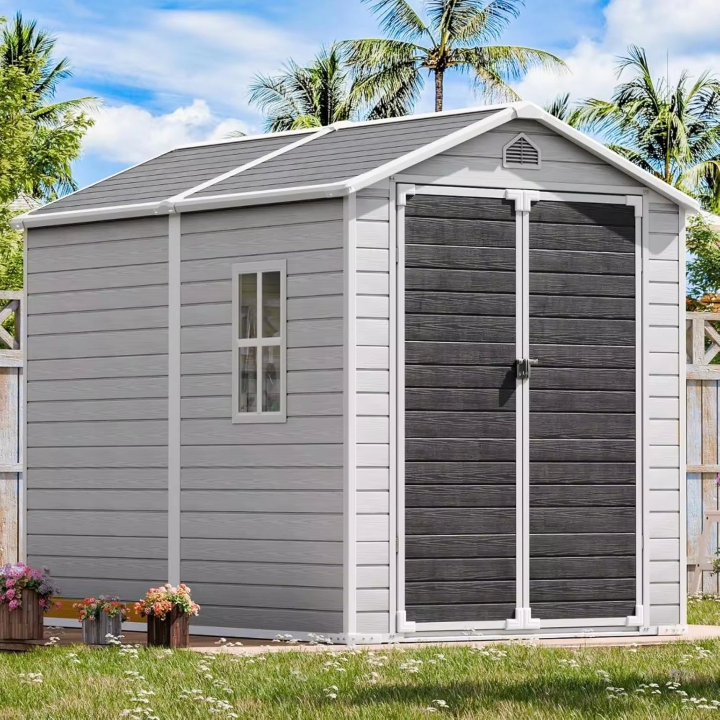 Outdoor Resin Storage Shed with Floor, 8x6 FT Plastic Sheds Kit with Window Lockable Door Included, Large Waterproof Outside Storage Shelter for Backyard Garden Patio Lawn Tools, Grey