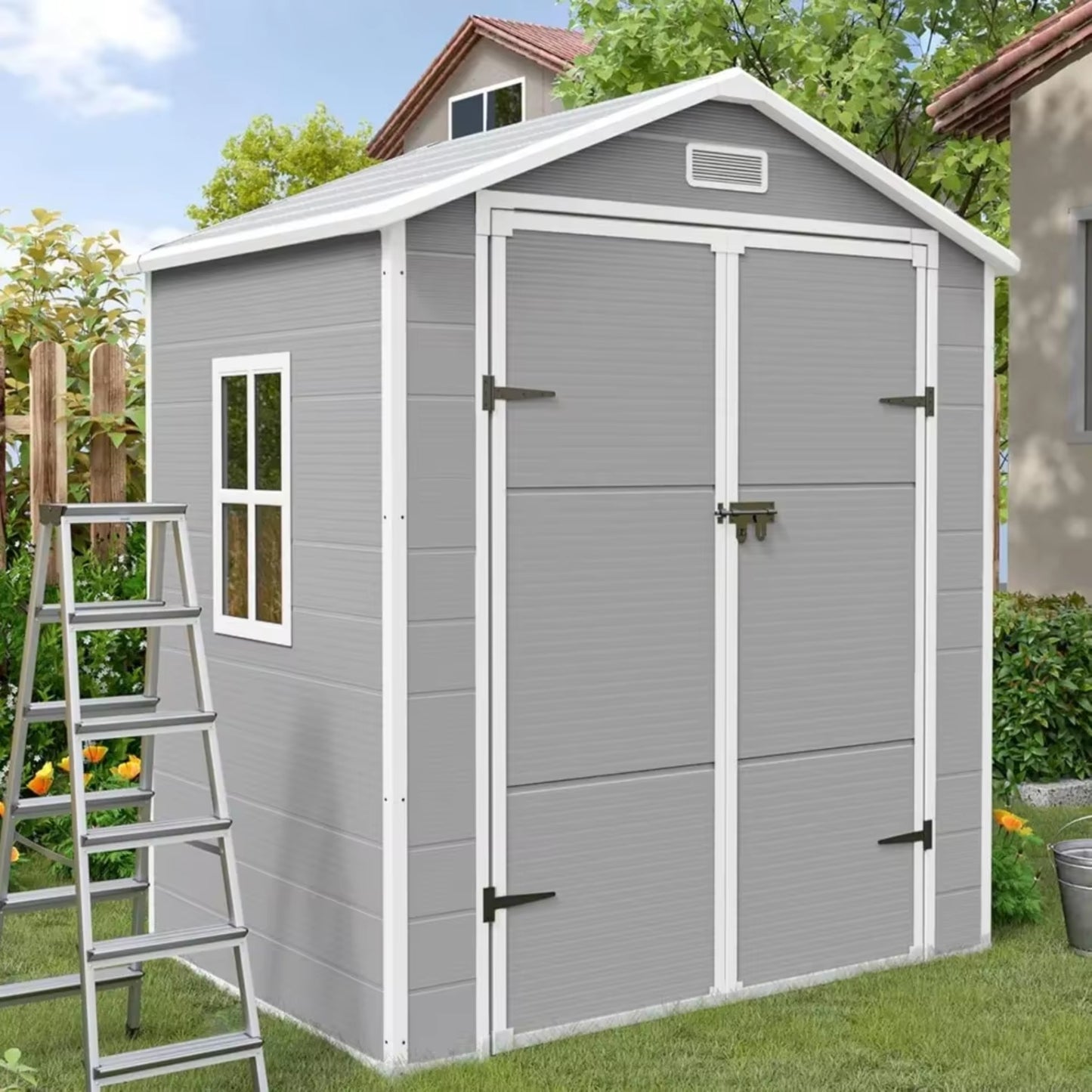 6x4 FT Plastic Outdoor Storage Shed, Resin Garden Tool Sheds & Outdoor Storage House with Single Lockable Door, Resin Shed for Patio Furniture, Backyard Garden Patio Lawn, Grey