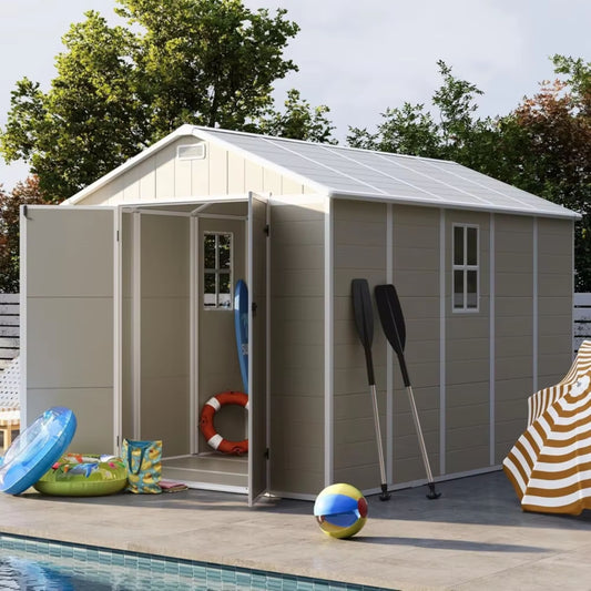 8 x 10 FT Resin Storage Shed with Floor, Tool Shed Outdoor Storage with Window, Vents, and Stainless Steel Cores, for Lawnmowers/Bicycles/Pool Supplies, Grey