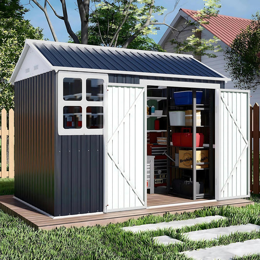 10 x 8 FT Storage Shed, Tool Shed Outdoor Storage with Window, Vents, and Stainless Steel Cores, for Lawnmowers/Bicycles/Pool Supplies, Grey (Metal)
