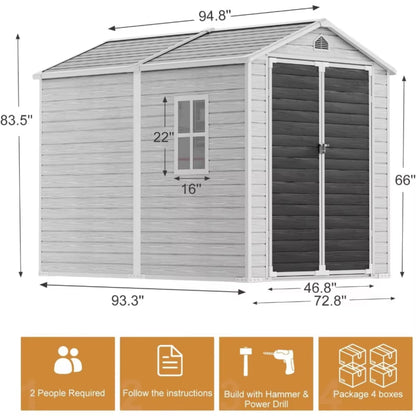 Outdoor Resin Storage Shed with Floor, 8x6 FT Plastic Sheds Kit with Window Lockable Door Included, Large Waterproof Outside Storage Shelter for Backyard Garden Patio Lawn Tools, Grey