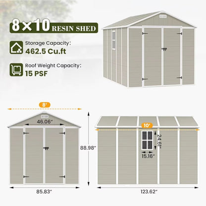 8 x 10 FT Resin Storage Shed with Floor, Tool Shed Outdoor Storage with Window, Vents, and Stainless Steel Cores, for Lawnmowers/Bicycles/Pool Supplies, Grey