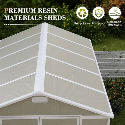 8 x 10 FT Resin Storage Shed with Floor, Tool Shed Outdoor Storage with Window, Vents, and Stainless Steel Cores, for Lawnmowers/Bicycles/Pool Supplies, Grey