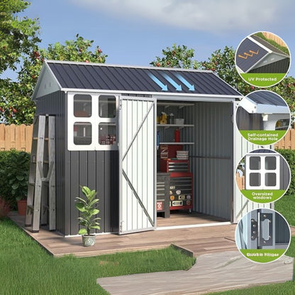10 x 8 FT Storage Shed, Tool Shed Outdoor Storage with Window, Vents, and Stainless Steel Cores, for Lawnmowers/Bicycles/Pool Supplies, Grey (Metal)