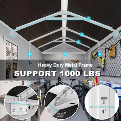 8 x 10 FT Resin Storage Shed with Floor, Tool Shed Outdoor Storage with Window, Vents, and Stainless Steel Cores, for Lawnmowers/Bicycles/Pool Supplies, Grey