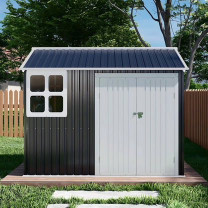 10 x 8 FT Storage Shed, Tool Shed Outdoor Storage with Window, Vents, and Stainless Steel Cores, for Lawnmowers/Bicycles/Pool Supplies, Grey (Metal)