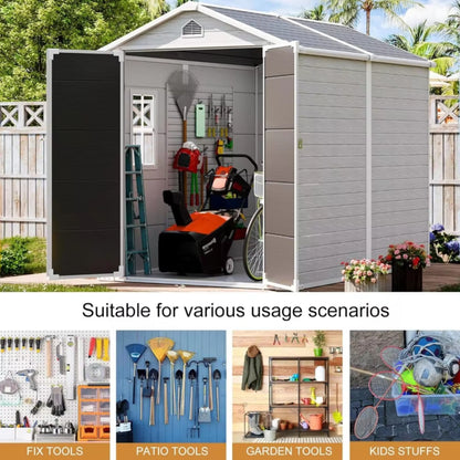 Outdoor Resin Storage Shed with Floor, 8x6 FT Plastic Sheds Kit with Window Lockable Door Included, Large Waterproof Outside Storage Shelter for Backyard Garden Patio Lawn Tools, Grey