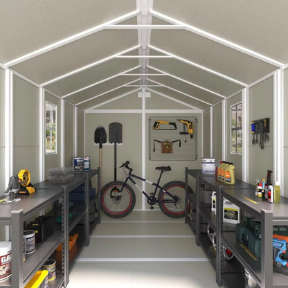 8 x 10 FT Resin Storage Shed with Floor, Tool Shed Outdoor Storage with Window, Vents, and Stainless Steel Cores, for Lawnmowers/Bicycles/Pool Supplies, Grey