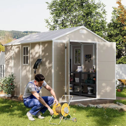 8 x 10 FT Resin Storage Shed with Floor, Tool Shed Outdoor Storage with Window, Vents, and Stainless Steel Cores, for Lawnmowers/Bicycles/Pool Supplies, Grey
