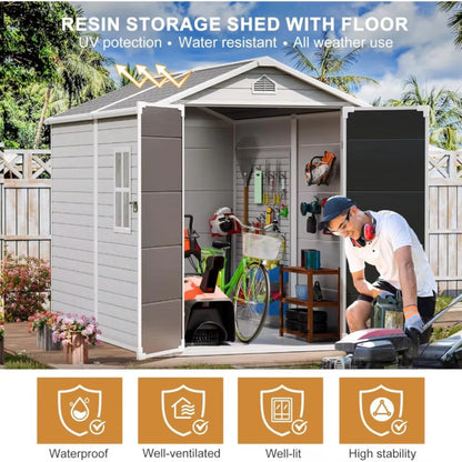 Outdoor Resin Storage Shed with Floor, 8x6 FT Plastic Sheds Kit with Window Lockable Door Included, Large Waterproof Outside Storage Shelter for Backyard Garden Patio Lawn Tools, Grey