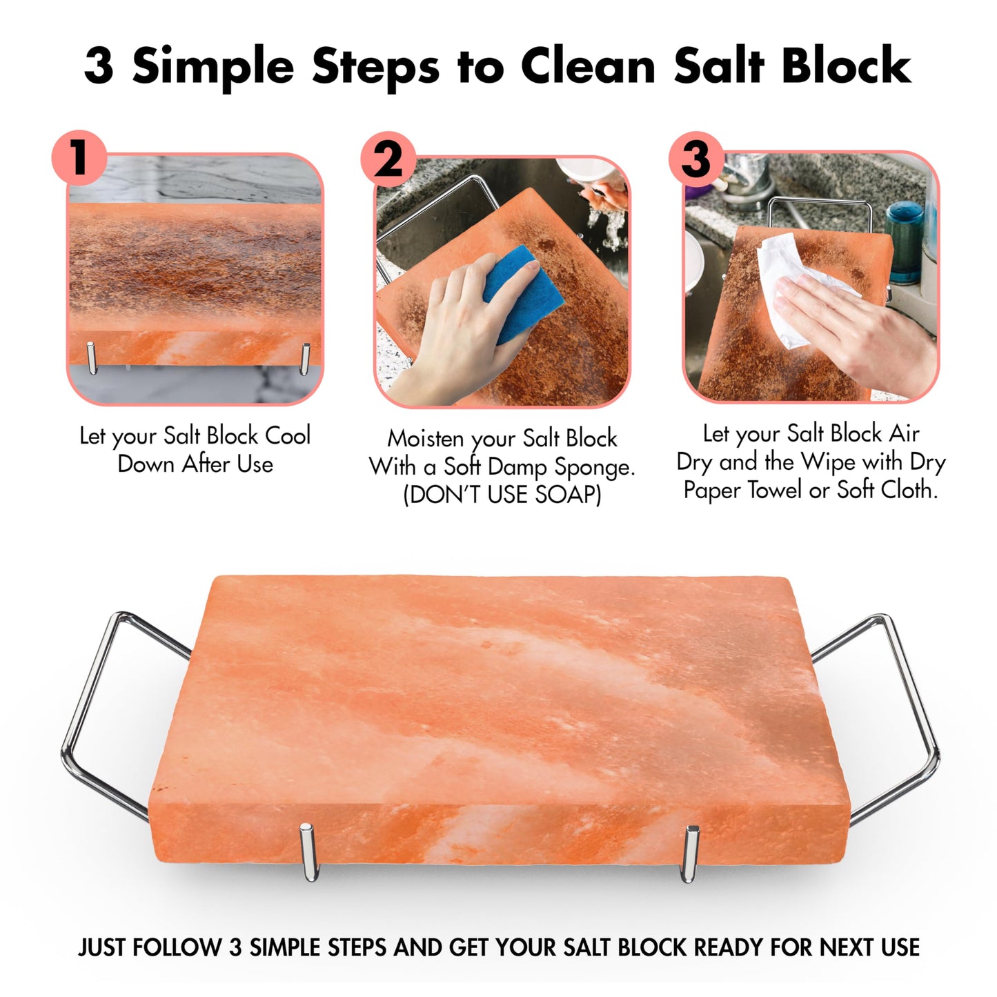 Lal Himalayan Salt Block Cooking Plate 12x8x1.5 for Cooking, Grilling, Cutting and Serving, Food Grade Rock Salt Stone with Steel Tray