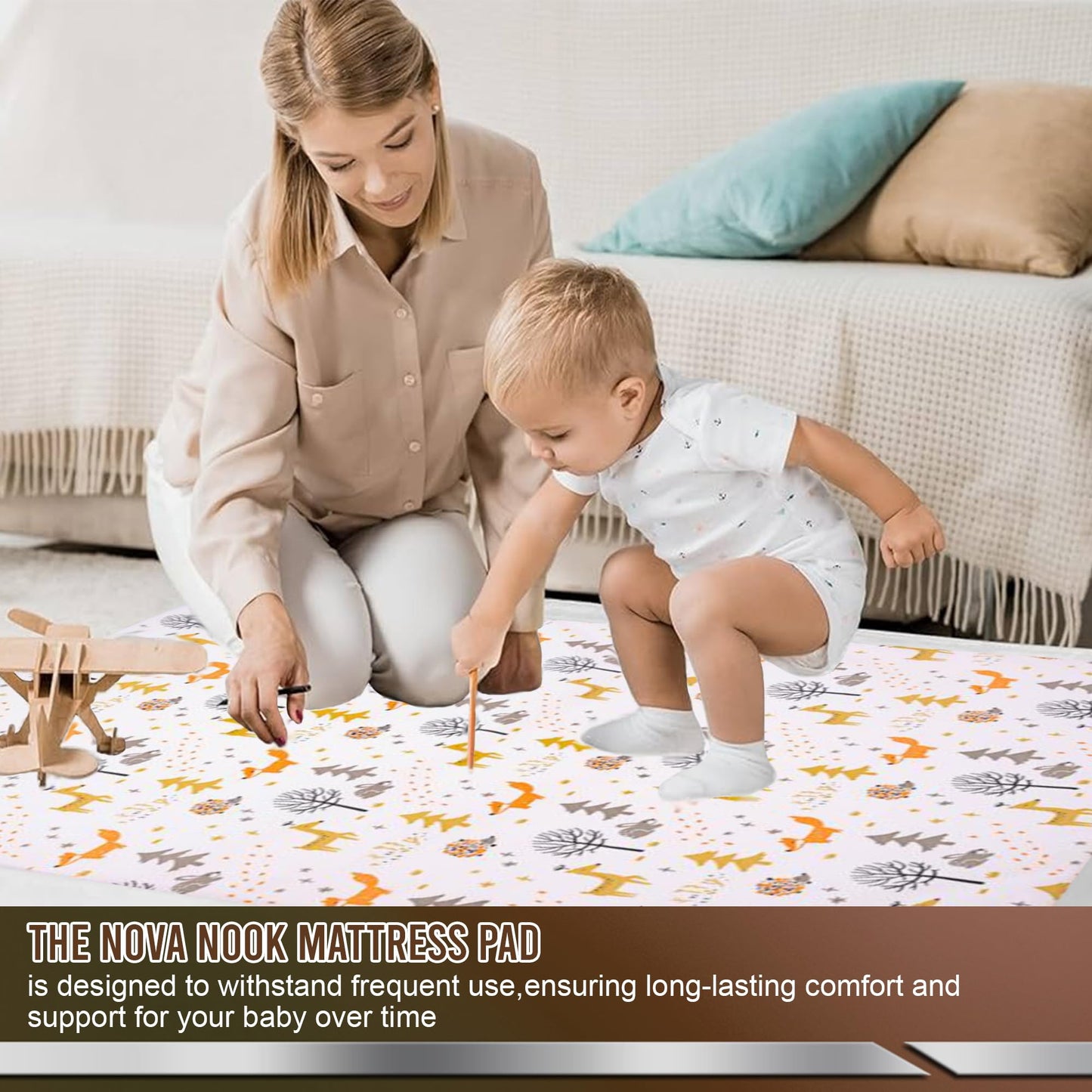 Nova Nook Pack and Play Mattress Pad with plush Toy| 38"x26"x1.5" Full Size Crib Bed Topper with Carry Bag & Hypoallergenic Cover