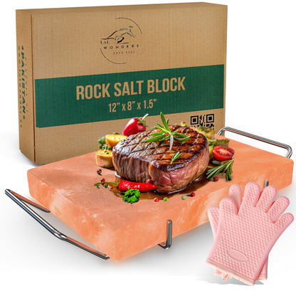 Lal Himalayan Salt Block Cooking Plate 12x8x1.5 for Cooking, Grilling, Cutting and Serving, Food Grade Rock Salt Stone with Steel Tray