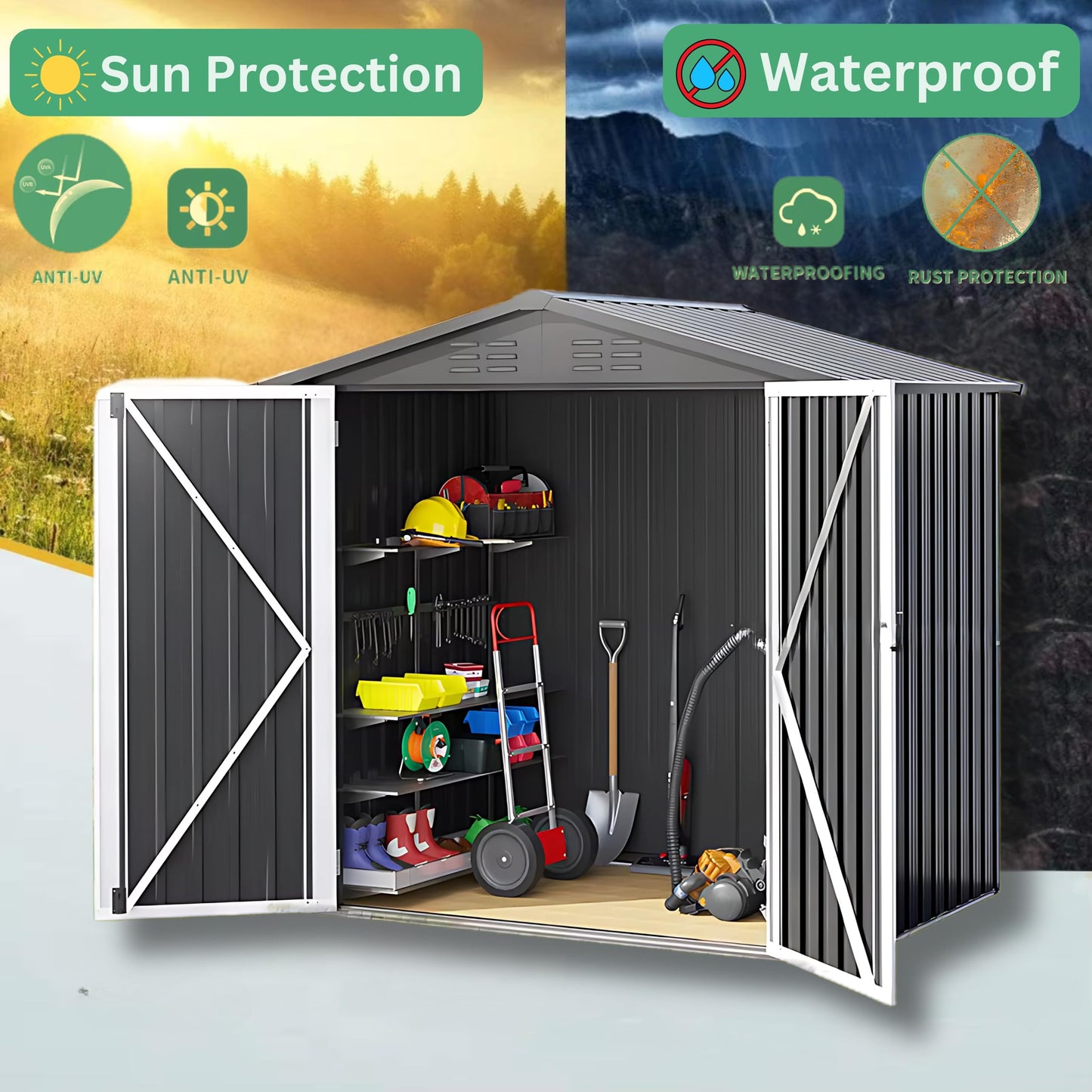 Lal Wonders 8x10FT,Outdoor Storage Shed with Floor,Plastic Shed with Floor for Garden Tool,Waterproof Outdoor Resin Shed,Lockable Doors for Patio,Yard,Lawn