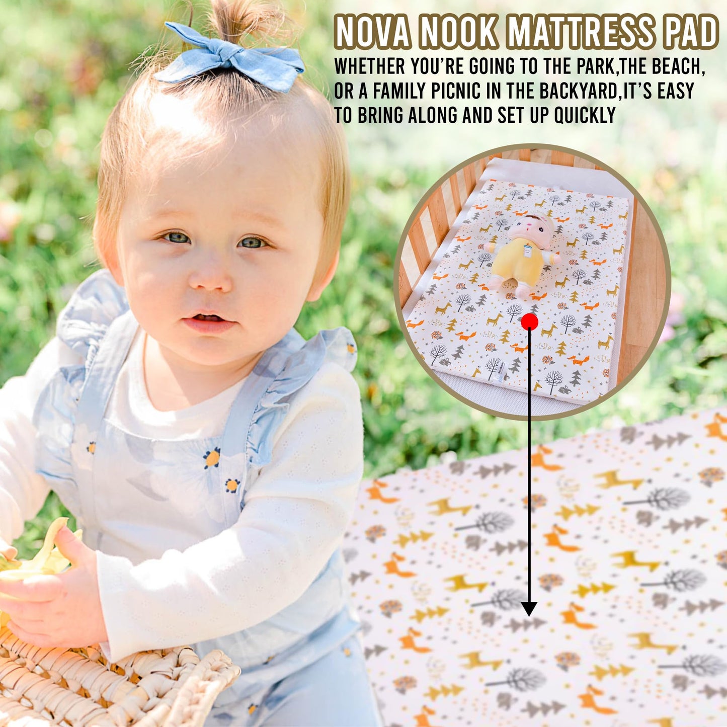 Nova Nook Pack and Play Mattress Pad with plush Toy| 38"x26"x1.5" Full Size Crib Bed Topper with Carry Bag & Hypoallergenic Cover