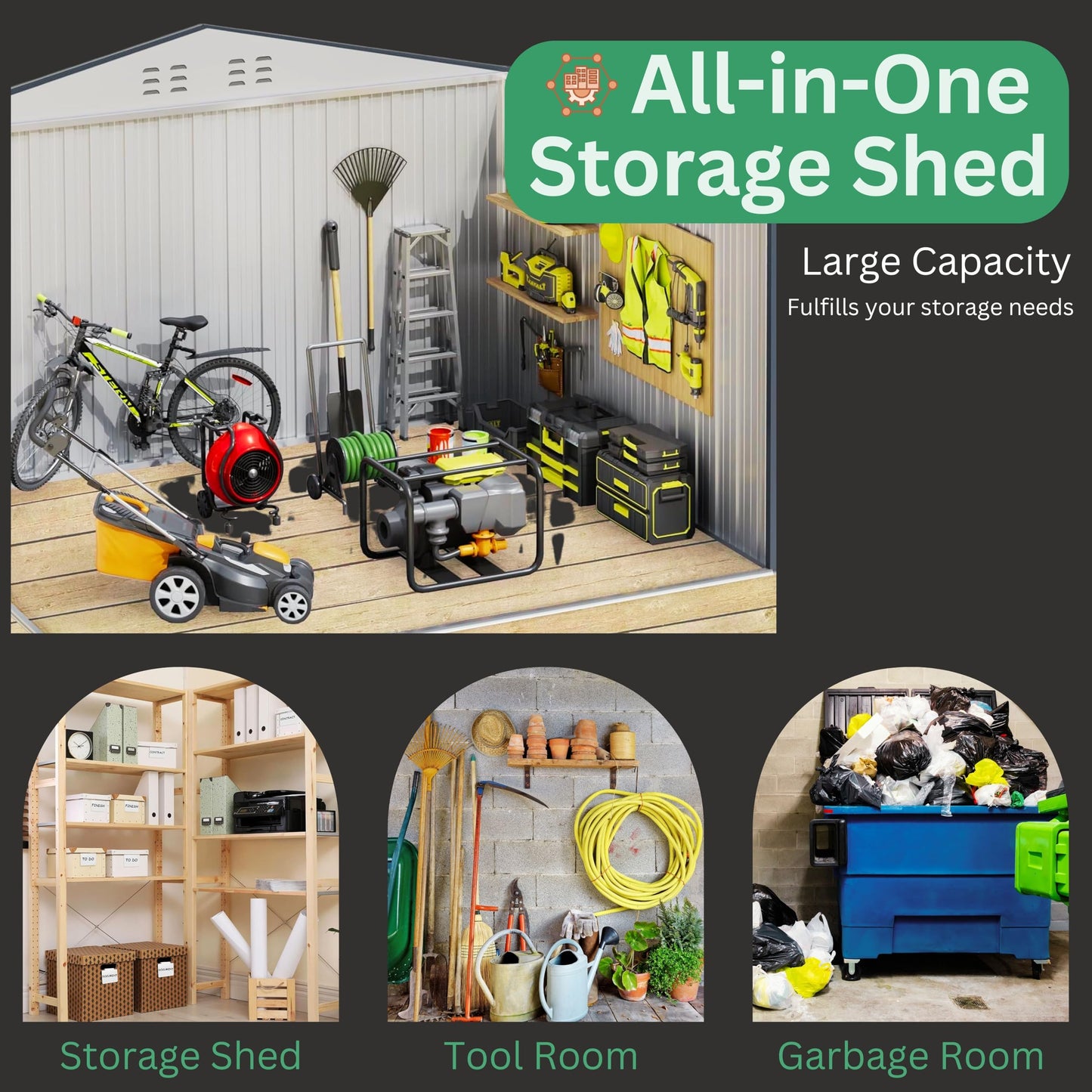 Lal Wonders 8x10FT,Outdoor Storage Shed with Floor,Plastic Shed with Floor for Garden Tool,Waterproof Outdoor Resin Shed,Lockable Doors for Patio,Yard,Lawn