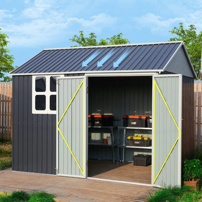 10 x 8 FT Storage Shed, Tool Shed Outdoor Storage with Window, Vents, and Stainless Steel Cores, for Lawnmowers/Bicycles/Pool Supplies, Grey (Metal)