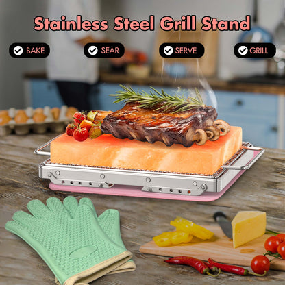 Lal Wonders Himalayan Salt Block For Grilling, Cooking, Cutting and Serving,12X8X1.5 Food Grade Himalayan Pink Salt Stone on Stainless Steel Stand with BBQ Plate, Unique Gifts for Men, Women, Chef, Cooks